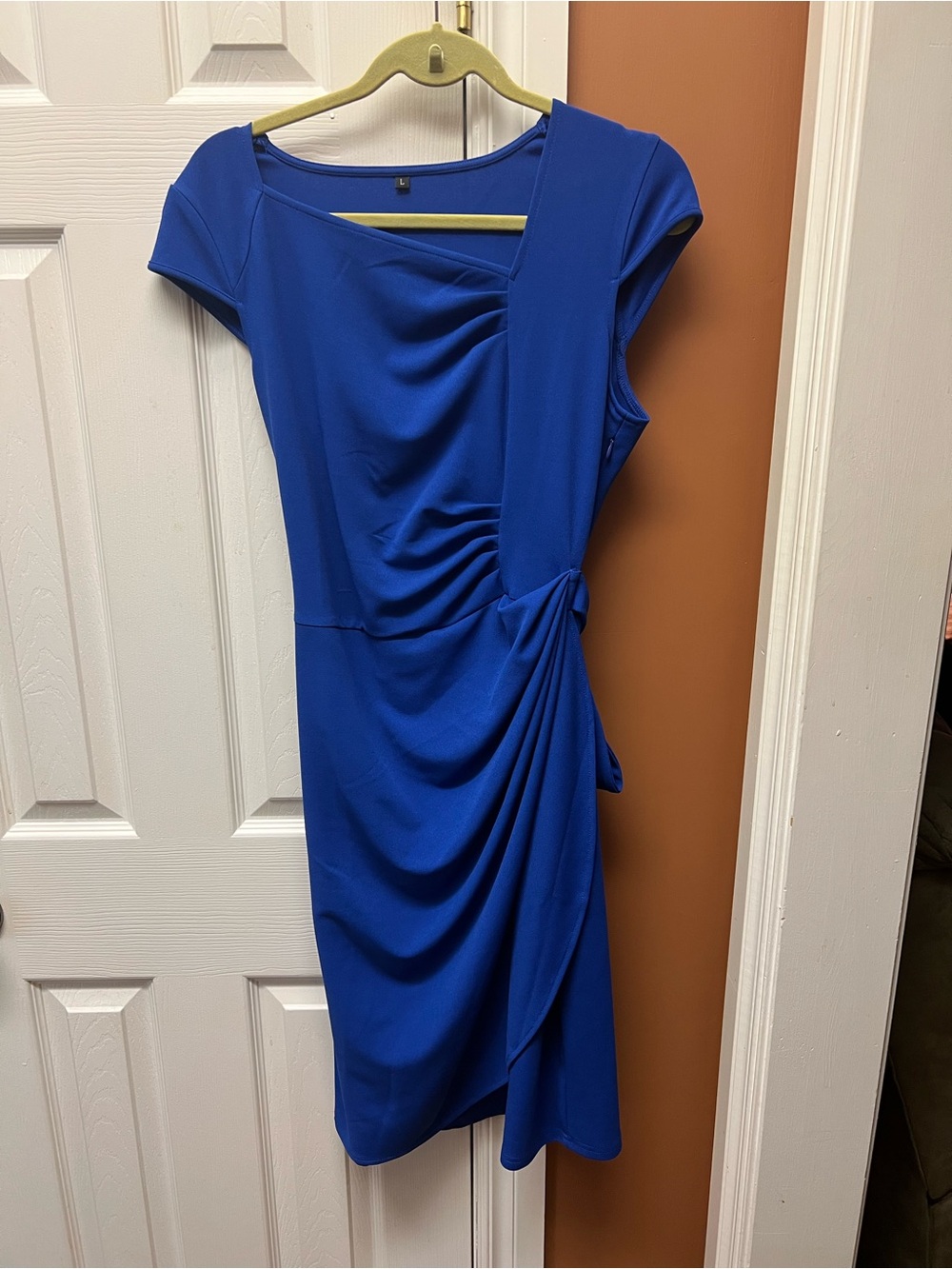 Cap-Sleeve Royal Blue Midi Dress with Side Drape